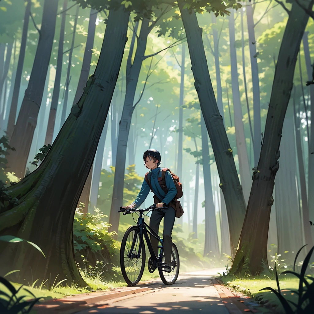 People walking in the forest, figure behind the trees, next to the person with their back turned riding a bicycle[figure lurking beside the trail], hq-style, High definition 