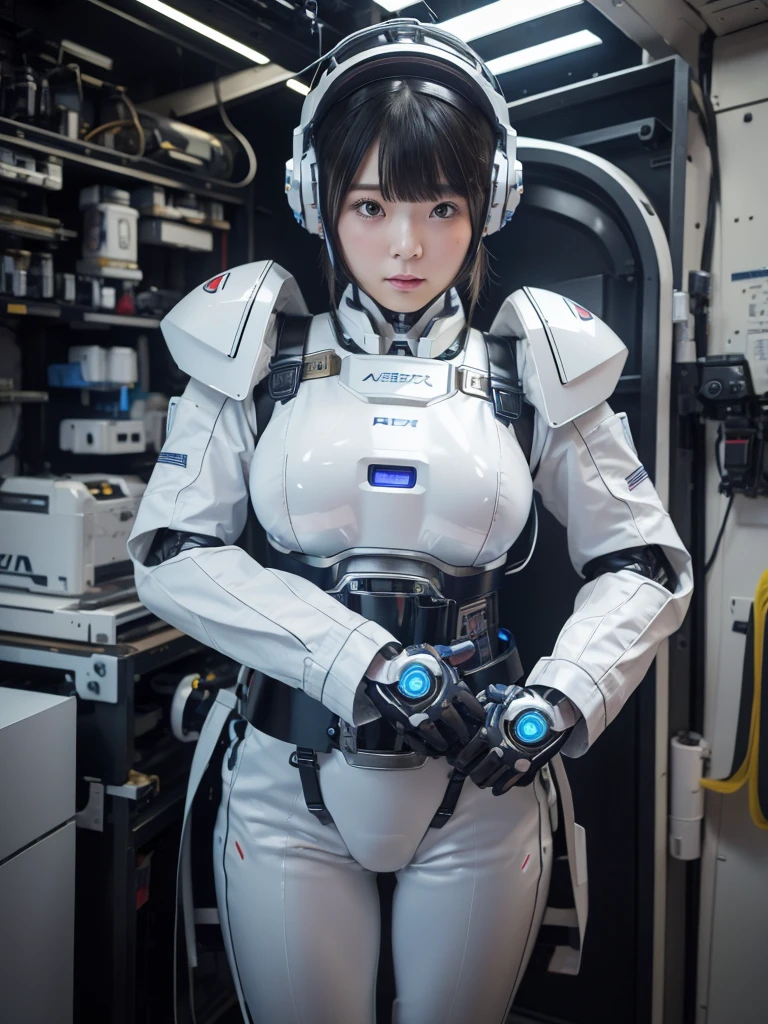 masterpiece, Highest quality, Very detailed,Portraiture, Japanese Android girl,Plump,Slightly thicker,Control panel,robot arms,robot,Android,cyborg,white robot body,Blunt bangs,robot repair plant,The spaceship's cockpit,Harness Belt,headset,Helmet