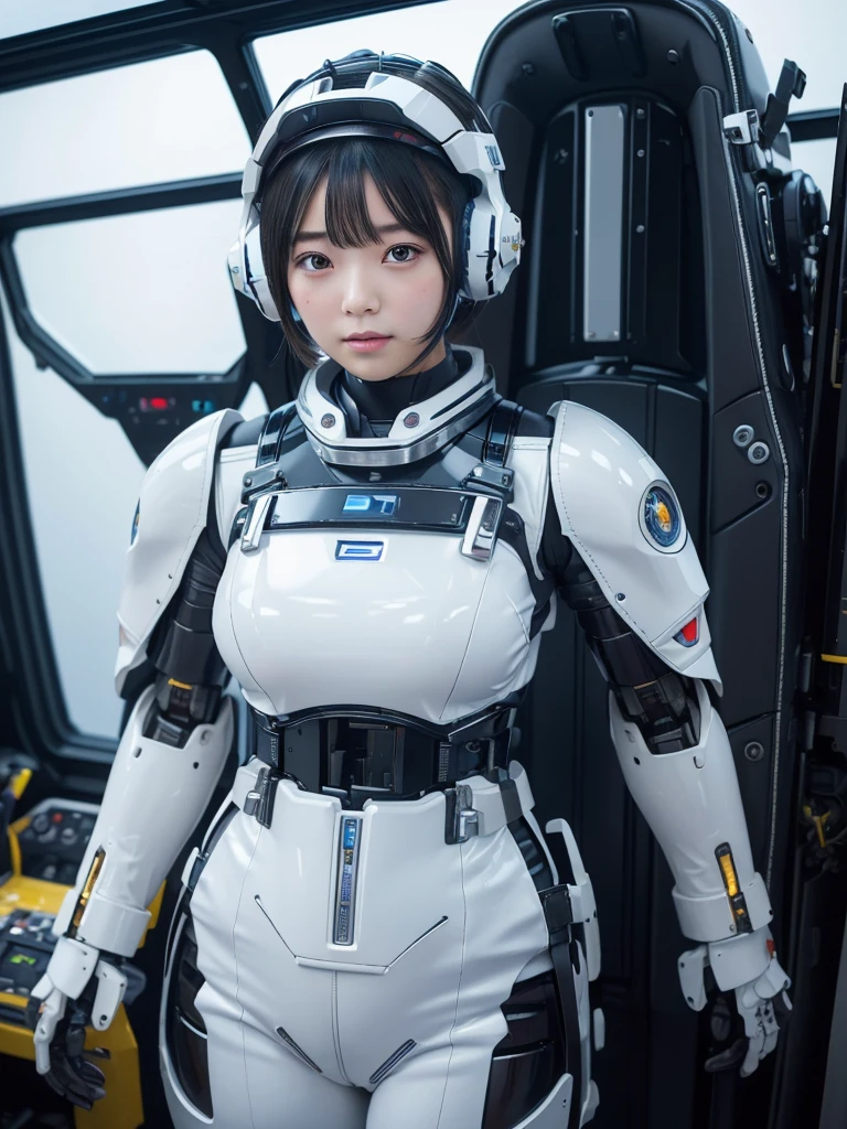 masterpiece, Highest quality, Very detailed,Portraiture, Japanese Android girl,Plump,Slightly thicker,Control panel,robot arms,robot,Android,cyborg,white robot body,Blunt bangs,robot repair plant,The spaceship's cockpit,Harness Belt,headset,Helmet