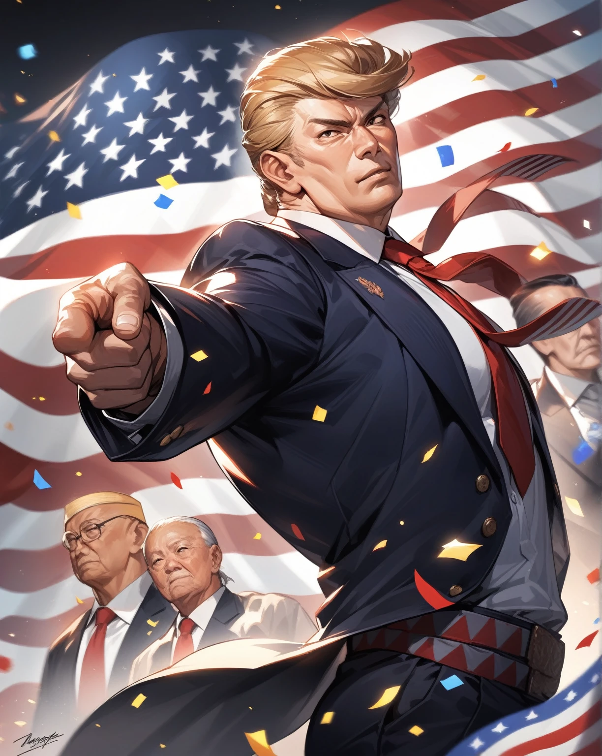 create image of a Malay man, aged in his 20s, standing with style of proud in front of a very large Malaysian flag, was waving, the man's finger pointed directly at the audience, his expression majestic. He was dressed in a dark suit and red tie, jet black hair perfectly styled. The background is covered by an enormous Malaysian flag, The art style is a realism, capturing the details of the man's features and clothing while also exaggerating his physical presence for dramatic effect. The image is rendered in a bold and dynamic style, with a focus on capturing the ferocious expression of the Malay man and the dramatic movement of the flag. The colors are bright, and the texture is rough, adding a sense of realism and strength to the image. The background is a blur of red, white, yellow and blue, allowing the Malay old man to stand out as the focus. The rendering is of high quality, with a focus on capturing the details of the scenery and the great presence of the Malay man.