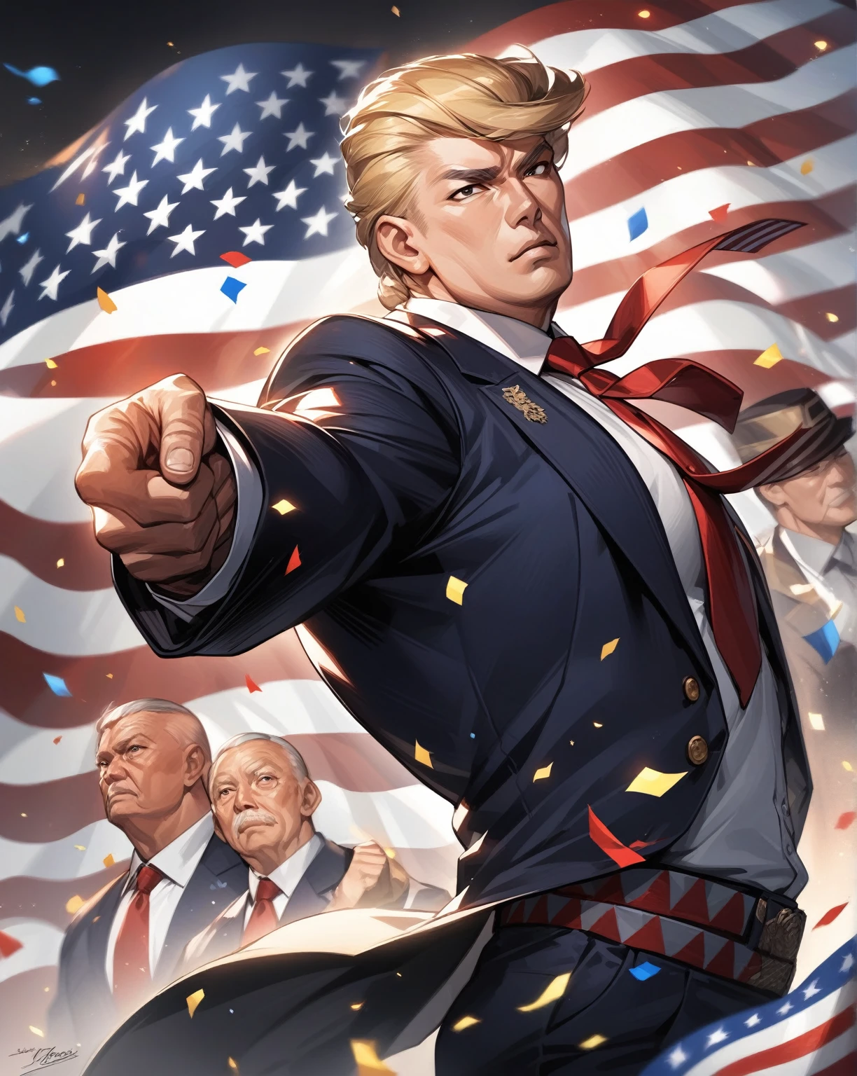 create image of a Malay man, aged in his 20s, standing with style of proud in front of a very large Malaysian flag, was waving, the man's finger pointed directly at the audience, his expression majestic. He was dressed in a dark suit and red tie, jet black hair perfectly styled. The background is covered by an enormous Malaysian flag, The art style is a realism, capturing the details of the man's features and clothing while also exaggerating his physical presence for dramatic effect. The image is rendered in a bold and dynamic style, with a focus on capturing the ferocious expression of the Malay man and the dramatic movement of the flag. The colors are bright, and the texture is rough, adding a sense of realism and strength to the image. The background is a blur of red, white, yellow and blue, allowing the Malay old man to stand out as the focus. The rendering is of high quality, with a focus on capturing the details of the scenery and the great presence of the Malay man.