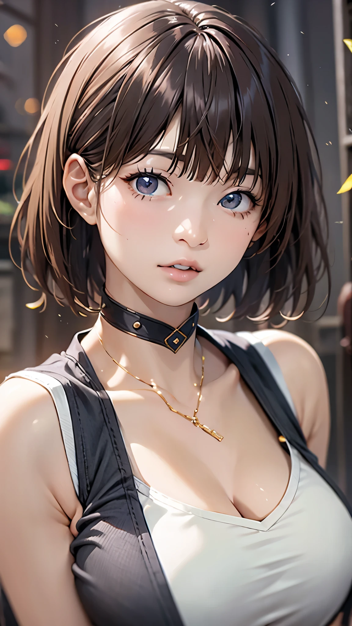 Beautiful and attractive woman、Half-body photo、Delicate and sexy collarbone、Attractive oval face、double eyelid、bright peach-colored eyes、Pink Lips、Small Nose、Concentrated face、Face close-up、Black Hair、Bobcut、Large Breasts、Ultra-high resolution、Super detailed、White T-shirt
