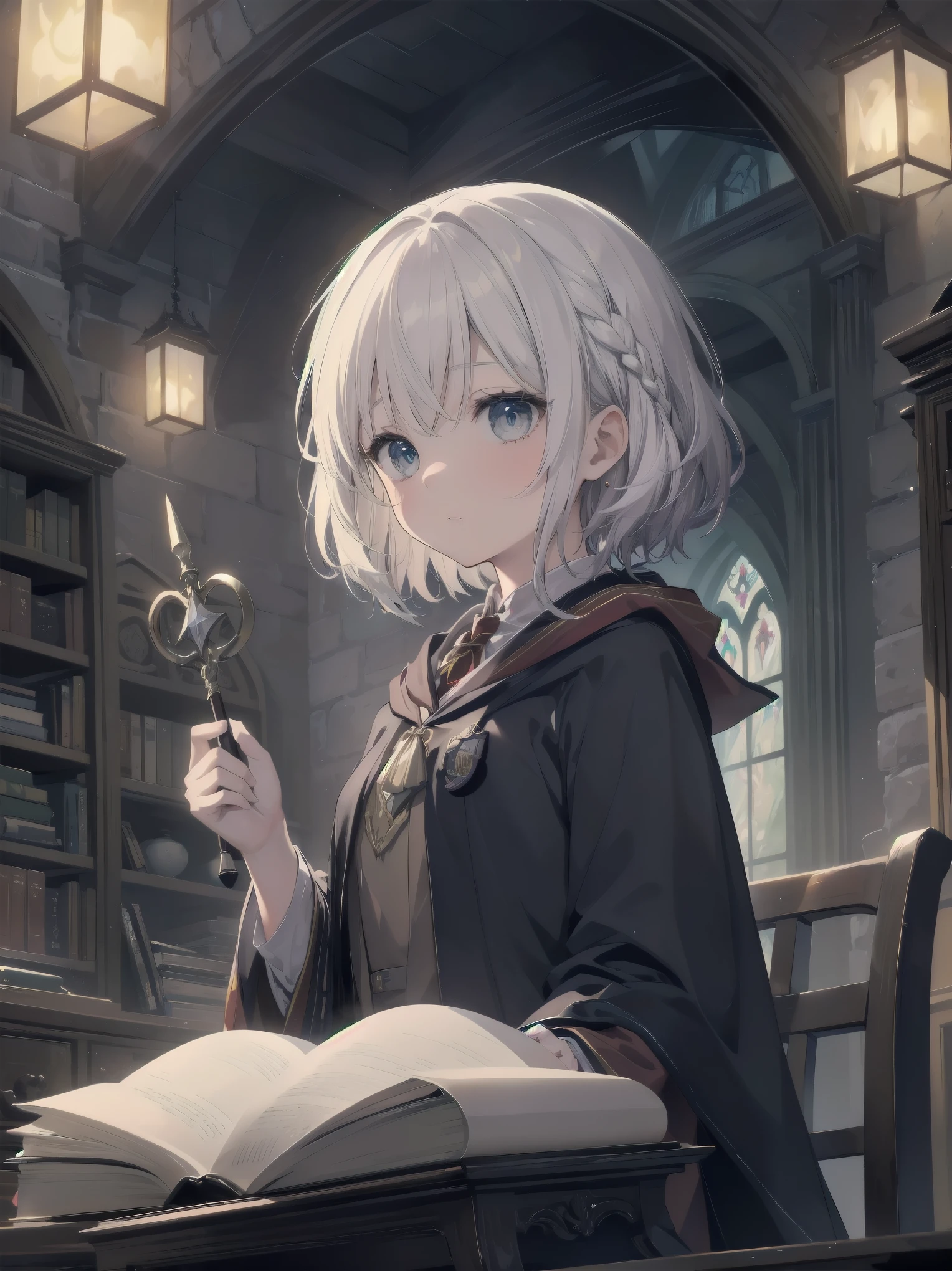 Masterpiece, Top Quality, Absurd, High Resolution, Subject Seismic, Animation Style Illustration with Mock Pause, 1 Girl, Solo, Cute random hairstyle, beautiful random expression and face, random age, slender, random clothing for situation,wizard robes, wand, magical castle, owl, spell book, (Hogwarts: 1.2), magic, wonder, (Harry Potter inspired: 1.3), mysterious atmosphere, details