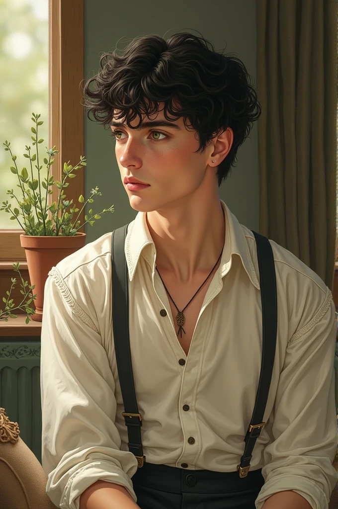 generate an image of an effeminate man with black hair, green eyes and freckles at the time of "Anne with an E" and with drawing style.