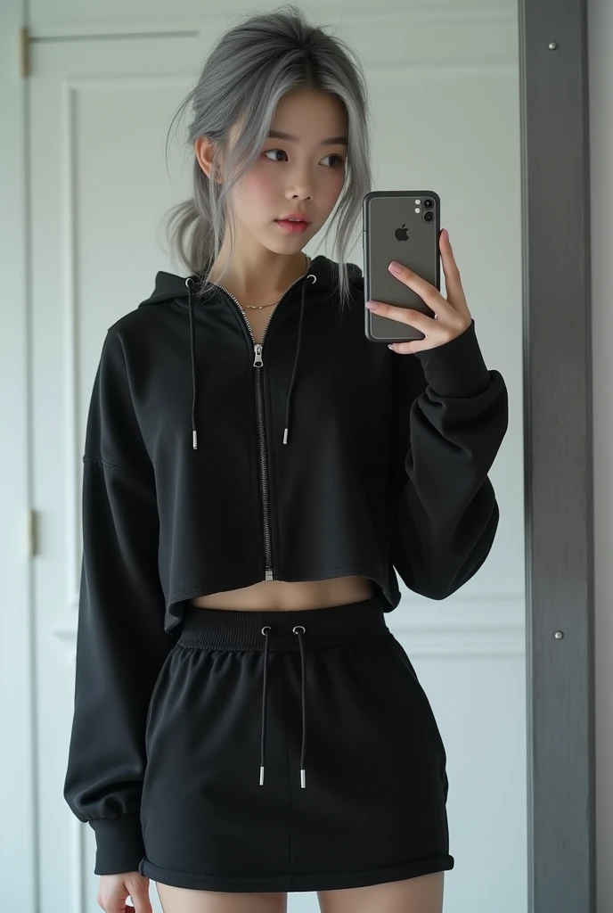 highly detailed, beautiful, hyper Realistic girl, masterpiece, best quality, Depict a mysterious and sophisticated beautiful Japanese gravure model,, 28-years-old, identity hidden, all body shot, / gray arranged hair, small head, Detailed face, cute and Pretty slim face, wide Duck mouth, perfect beautiful Tooth, arranged gray hair, shiny eyes, blue-colored eyes, Realistic skin, Detailed face, / Top: A black cropped hoodie made from soft, high-quality sweat material, cinched at the waist to reveal the navel. The hoodie is unembellished, with a high collar and zippered front, offering a clean and modern aesthetic.

Bottom: A knee-length, fitted skirt in matching black sweat material, designed for a sleek and simple silhouette.

Footwear: Sleek black ankle boots with subtle synthetic overlays and black Ankle boots, blending comfort with a touch of futurism.

Accessories: A thin, simple silver necklace at the neck, complemented by delicate silver bracelets on the wrists and small silver stud earrings, all understated and refined to maintain the minimalist vibe. //// simple white single room, gray frame mirror, complicated background /// takes a selfie in her room using a smartphone in front of a mirror with one hand, standing and sexy Posing, all body below shot, focus shoes, looking away from the camera,