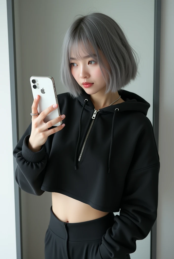 highly detailed, beautiful, hyper Realistic girl, masterpiece, best quality, Depict a mysterious and sophisticated beautiful Japanese gravure model,, 28-years-old, identity hidden, all body shot, / gray arranged hair, small head, Detailed face, cute and Pretty slim face, wide Duck mouth, perfect beautiful Tooth, arranged gray hair, shiny eyes, blue-colored eyes, Realistic skin, Detailed face, / Top: A black cropped hoodie made from soft, high-quality sweat material, cinched at the waist to reveal the navel. The hoodie is unembellished, with a high collar and zippered front, offering a clean and modern aesthetic.
Bottom: A knee-length, fitted skirt in matching black sweat material, designed for a sleek and simple silhouette.
Footwear: Sleek black ankle boots with subtle synthetic overlays and black Ankle boots, blending comfort with a touch of futurism.
Accessories: A thin, simple silver necklace at the neck, complemented by delicate silver bracelets on the wrists and small silver stud earrings, all understated and refined to maintain the minimalist vibe. //// simple white single room, gray frame mirror, complicated background /// takes a selfie in her room using a smartphone in front of a mirror with one hand, standing and sexy Posing, all body below shot, focus shoes, looking away from the camera,