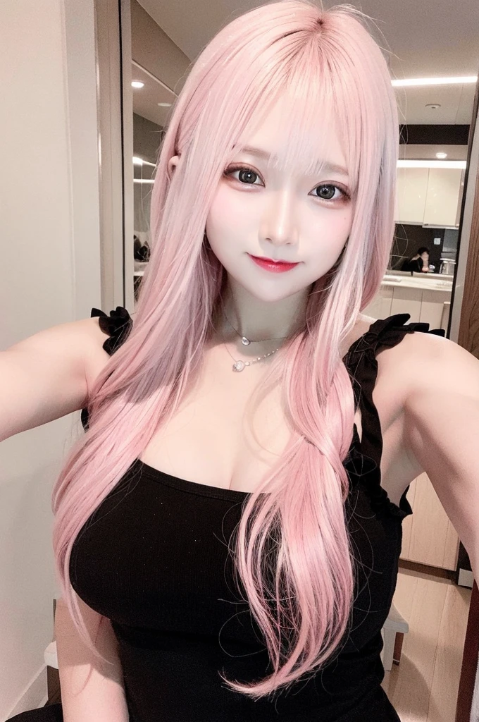 quality, 超Realistic, (Realistic:1.3)、highest quality、Ultra-high resolution、SLR、instagramart、Very delicate、Look at the viewers、Japan 1 woman(Pink Hair、black eye、Huge 、adorable)、camisole、middle Breasts、Natural smile