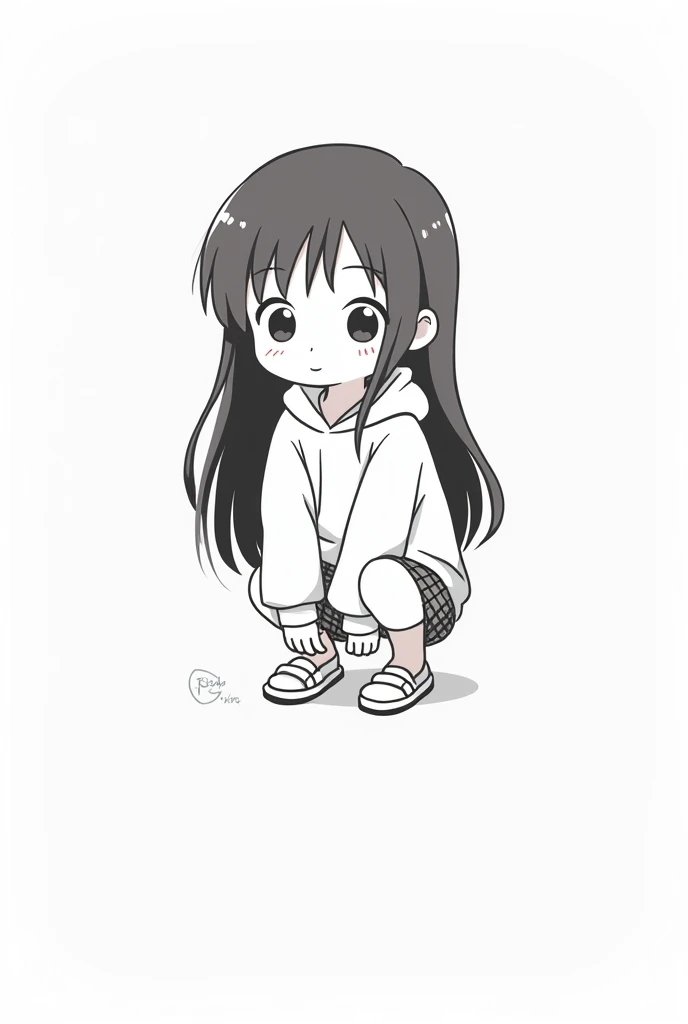 Simple black and white cartoon illustration of a girl with long hair, squatting down. She is wearing a hoodie, a checkered skirt, and slippers. The style is cute and minimalistic, with large eyes and soft facial features.
