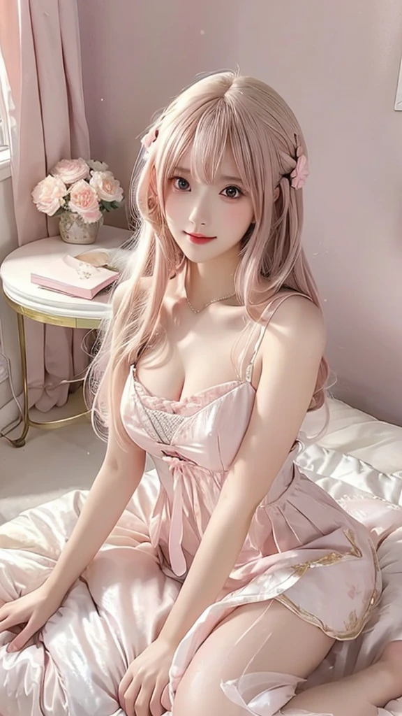 a woman in a pink dress sitting on a bed, beautiful character painting, lovely woman, beautiful alluring anime woman, cute elegant pose, beautiful anime girl, cute beautiful, beautiful anime woman, beautiful digital artwork, ethereal beauty, 8k)), beautiful digital illustration, digital art of an elegant, attractive anime girl, 8k high quality detailed art, beautiful girl model