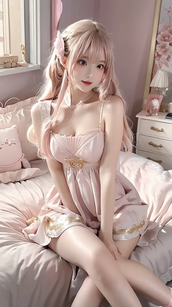 a woman in a pink dress sitting on a bed, beautiful character painting, lovely woman, beautiful alluring anime woman, cute elegant pose, beautiful anime girl, cute beautiful, beautiful anime woman, beautiful digital artwork, ethereal beauty, 8k)), beautiful digital illustration, digital art of an elegant, attractive anime girl, 8k high quality detailed art, beautiful girl model