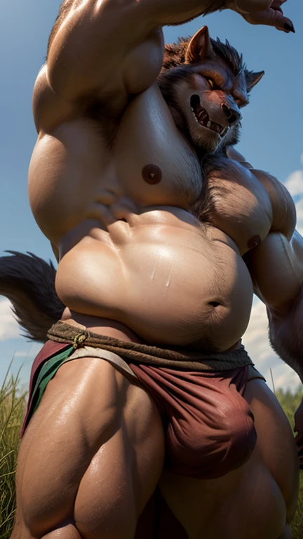Werewolf beastman。
Big muscles。Big Belly。thick limbs。
Loincloth。bulge。Upper body naked。
grassland。sweating。Realistic。Low - Angle。Gentle expression。