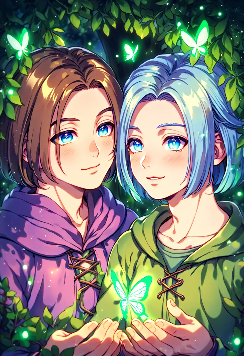 absurdres, highres, ultra detailed, HDR, master piece, best quality, extremely detailed face, detailed eyes, Erik, light-blue hair, expressive blue eyes, Dragon Quest XI, Luminary, brown hair, expressive blue eyes, two sexy adult men together, gay couple, yaoi, handsome, green tunic, purple coat, under a green tree, fantasy, magical, glittering fireflies, green butterflies, green flames, glass magic, green leaves