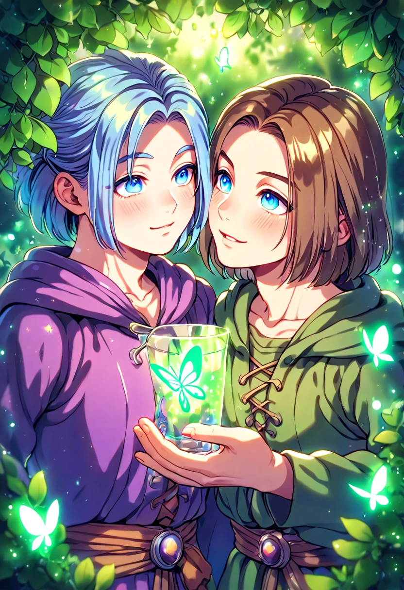 absurdres, highres, ultra detailed, HDR, master piece, best quality, extremely detailed face, detailed eyes, Erik, light-blue hair, expressive blue eyes, Dragon Quest XI, Luminary, brown hair, expressive blue eyes, two sexy adult men together, gay couple, yaoi, handsome, green tunic, purple coat, under a green tree, fantasy, magical, glittering fireflies, green butterflies, green flames, glass magic, green leaves