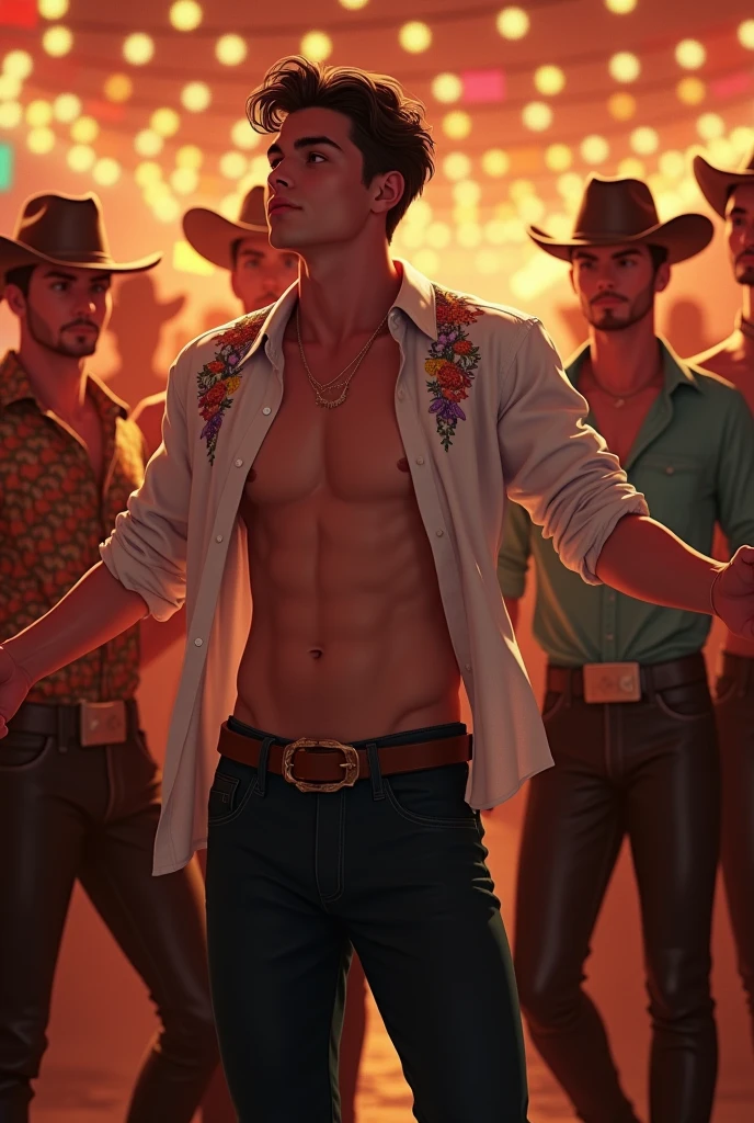 A cute young handsome gay man dancing at a cowboy party while the other men look at him wanting to conquer the dancer because he is very cute without a shirt, cute white skin, thin, some cowboys wear an arrayas shirt and black leather pants.