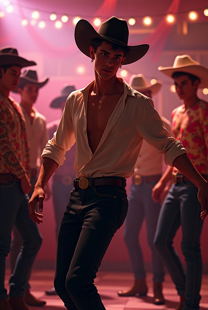 A cute young handsome gay man dancing at a cowboy party while the other men look at him wanting to conquer the dancer because he is very cute without a shirt, cute white skin, thin, some cowboys wear an arrayas shirt and black leather pants.