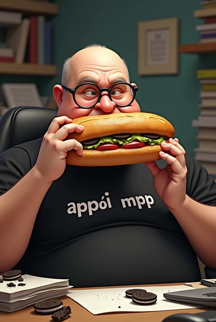 white male, aged 50, baldie, fatter, cheeky, wrinkled face, wearing glasses, eating baguette with ham, leaning against a cluttered computer desk, stacks of papers, Oreo crumbs and cookies. Wearing a black shirt with the phrase "APPOIO MPF"