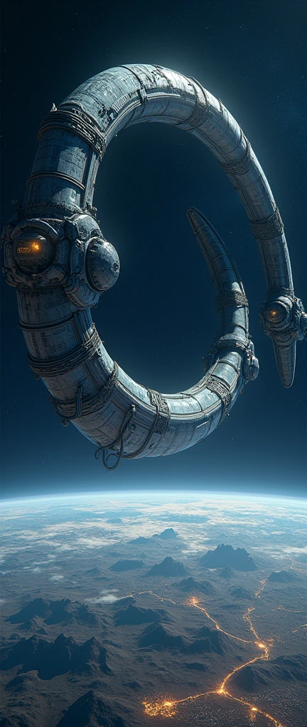 The distant future of planet Earth. size 1/4 all hook shaped super detailed alien object a giant space station flies. Flying over that part of the earth, where it is now night. It has all the same things, as on Earth - cities, nature, mountains & mares. It turns out to be the second floor of the planet. This station is fixed at the north and south poles of the planet by its edges. Detailed terrain. Detailed space