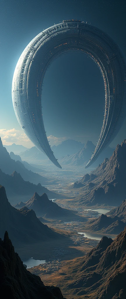 The distant future of planet Earth. size 1/4 all hook shaped super detailed alien object a giant space station flies. Flying over that part of the earth, where it is now night. It has all the same things, as on Earth - cities, nature, mountains & mares. It turns out to be the second floor of the planet. This station is fixed at the north and south poles of the planet by its edges. Detailed terrain. Detailed space