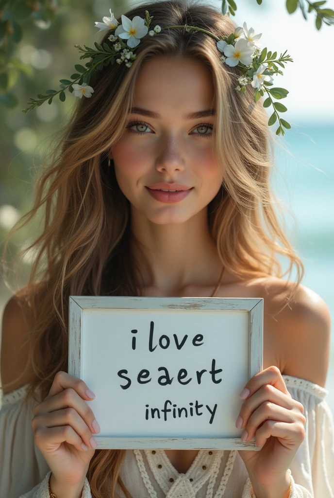 Beautiful girl with wavy long hair, bohemian dress, holding a white board with text "I Love Seaart Infinity" and showing it to the viewer