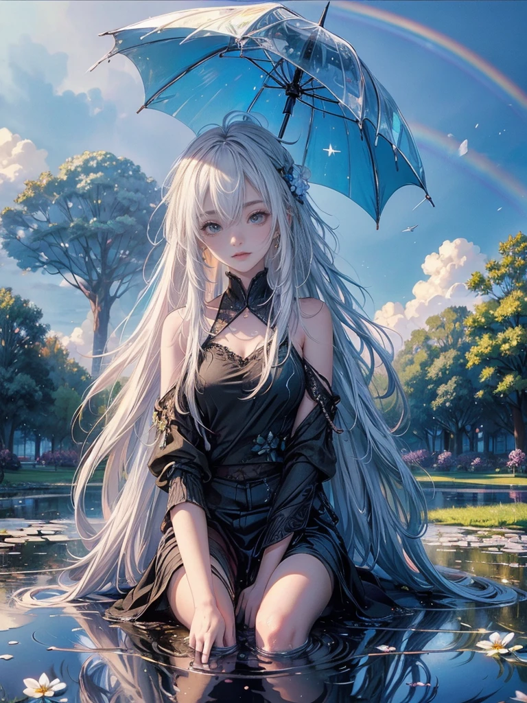 high quality, top quality,high resolution,1girl,solo,cute,white hair and long hair,after the rain, blue sky,rainbow in the sky,in park, puddle,wet flower