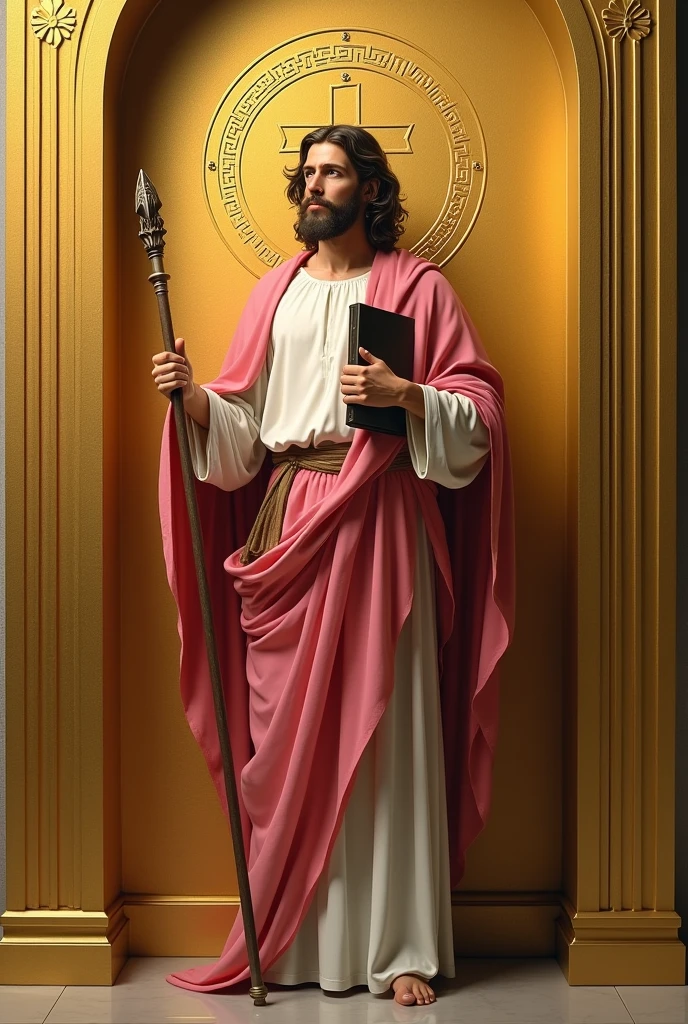 apostle saint matthew, patron of accounting, standing, with a white tunic and a pinkish red cloak, holding your book with your left hand, holding his staff in his right hand, and in the background a golden wall with a symbol "caduceus painted on the side"