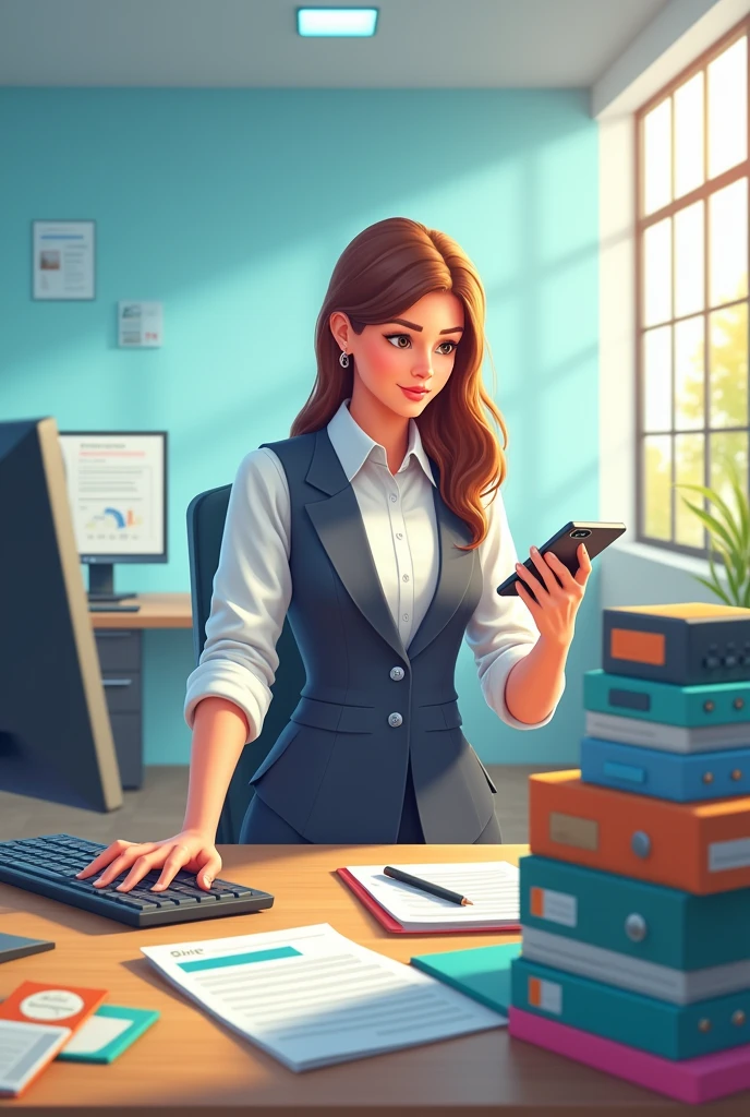 Create a vibrant and dynamic promotional image for a latin Professional Secretary course. The image should feature a modern office setting with a person organizing documents, using a computer and a smartphone simultaneously. Bright and energetic colors should be used, with elements representing organization, multitasking, and professionalism.
