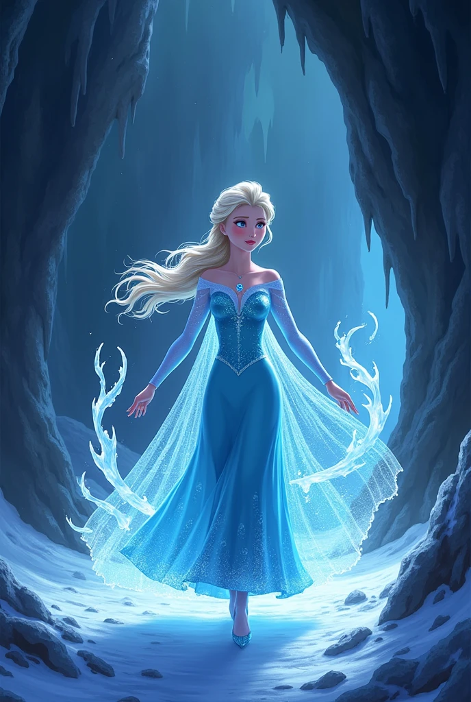 Frozen movie anime Elsa walking in hallway. Making ice magic by her hands in a cave.