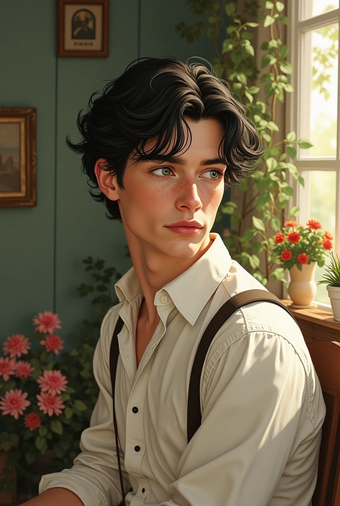 generate an image of an effeminate man with black hair, green eyes and freckles at the time of "Anne with an E" and with drawing style.