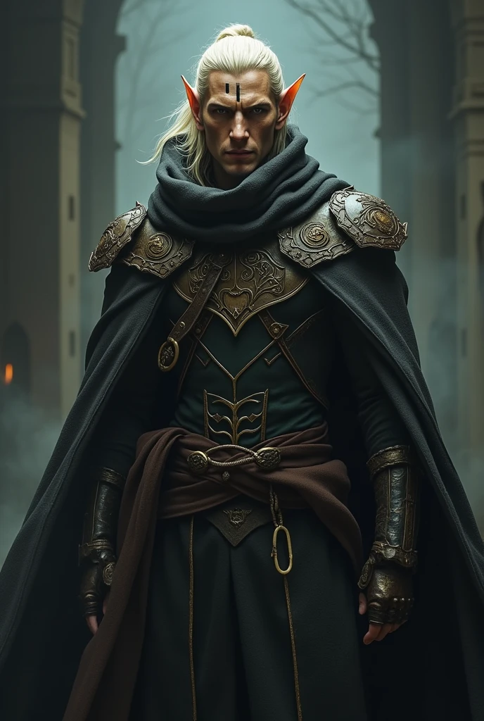 musician male semi elf, blonde, big  scar on the left side of the face wearing a cloak