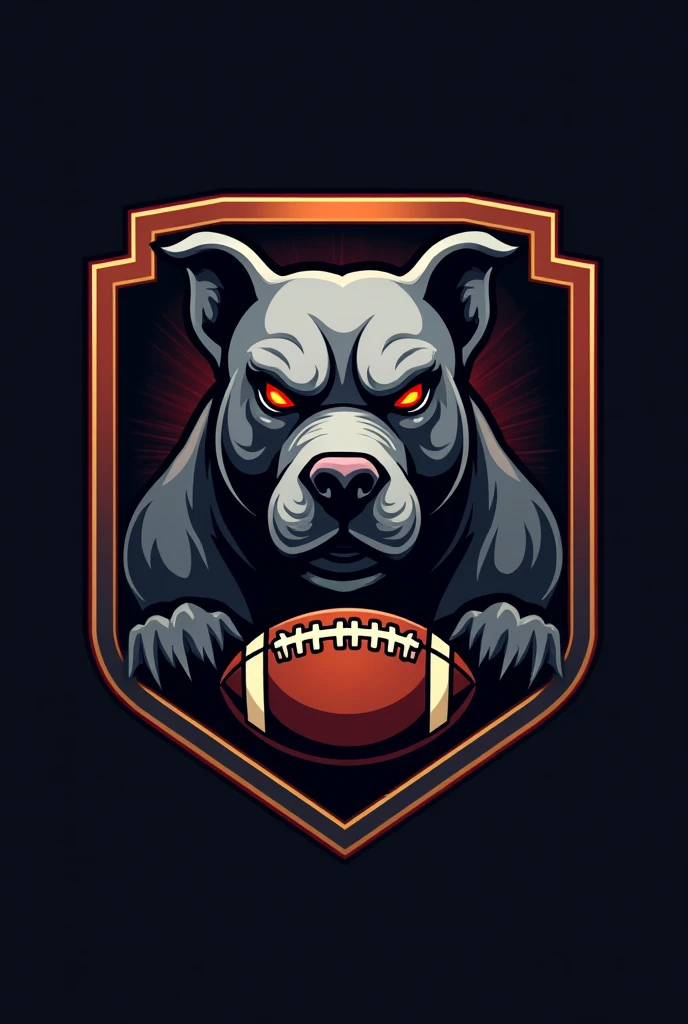 Create a gray pitbull logo&#39;S; com olhoS vermelhoS, face for a football team. Faça dele um eScudo em formado quadrado com detalheS preto e dourado com detalheS vermelho e uma bola de futebol em baixo . Coloque uma fonte pequena eScrito ENVOLVENTES em baixo, empty background, Sombrio. . TranSforme-o em pgn 