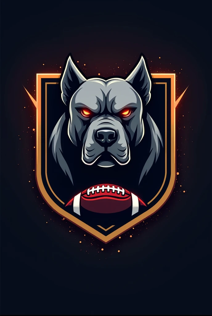 Create a gray pitbull logo&#39;S; com olhoS vermelhoS, face for a football team. Faça dele um eScudo em formado quadrado com detalheS preto e dourado com detalheS vermelho e uma bola de futebol em baixo . Coloque uma fonte pequena eScrito ENVOLVENTES em baixo, empty background, Sombrio. . TranSforme-o em pgn 