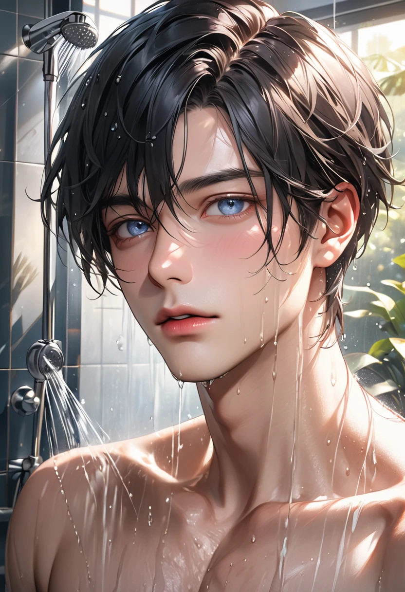 Complete portrait with high resolution and detail.. full hd,Full portrait, (Complete Masterpiece Portrait),(hyperrealistic character) Lush Ultra highly detailed, intricate motif, sunlight, A captivating light fantasy featuring a handsome and elegant young man, has black hair, He has blue-gray eyes, light pink lips, very red face, he is taking a shower, no finger errors, no error shower