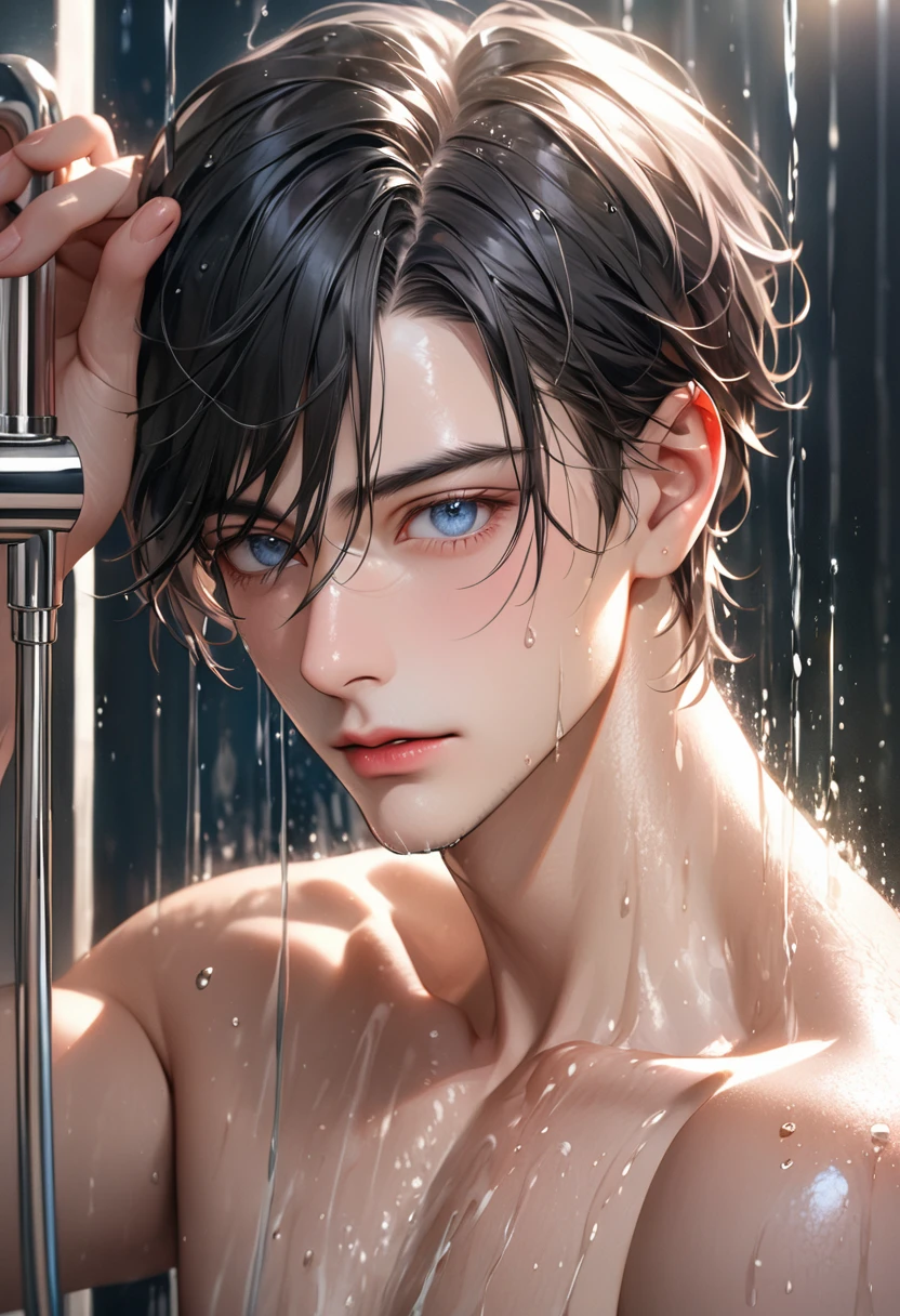 Complete portrait with high resolution and detail.. full hd,Full portrait, (Complete Masterpiece Portrait),(hyperrealistic character) Lush Ultra highly detailed, intricate motif, sunlight, A captivating light fantasy featuring a handsome and elegant young man, has black hair, He has blue-gray eyes, light pink lips, very red face, he is taking a shower, no finger errors, no error shower