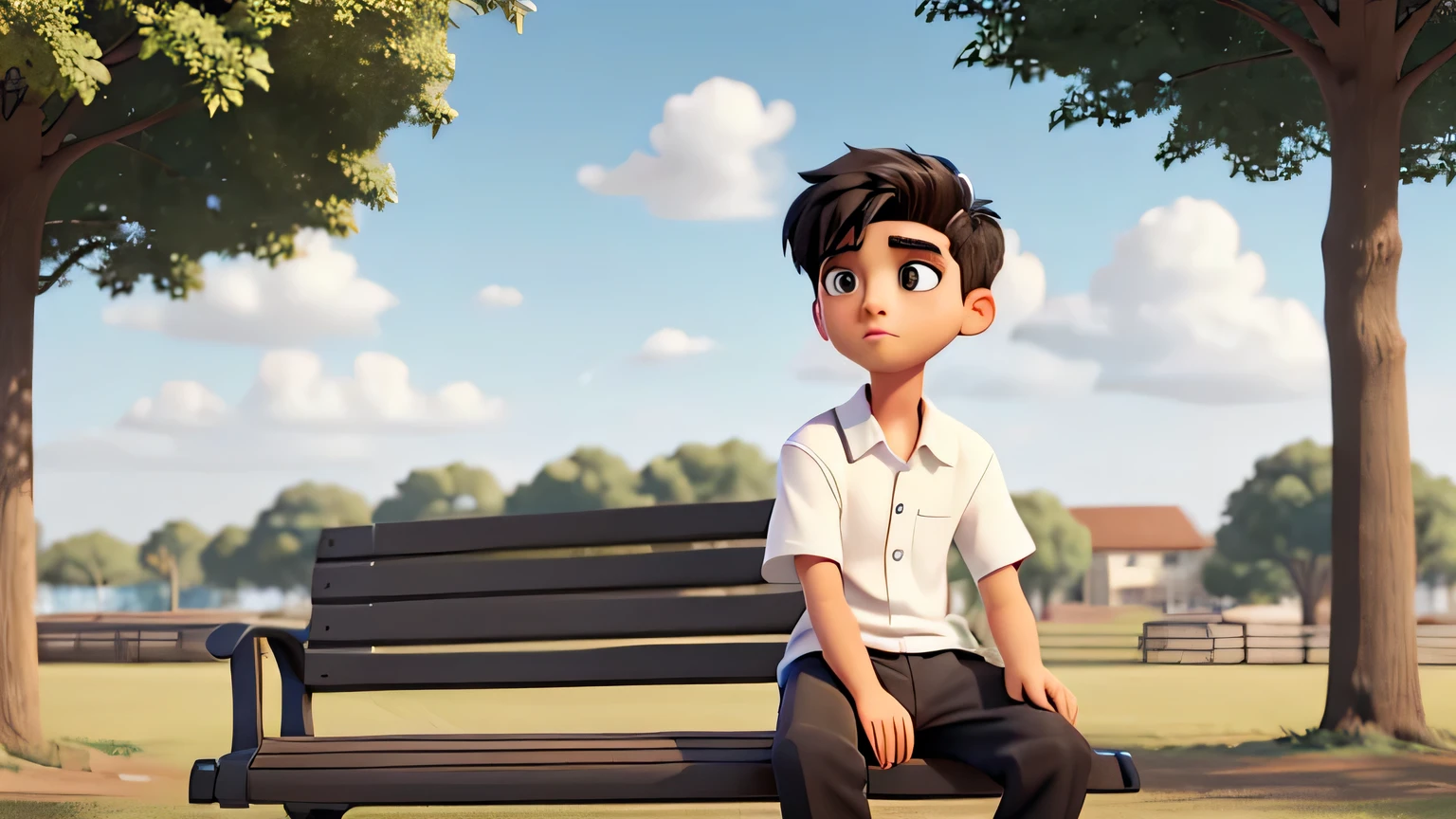 teen boy sitting on a park bench, sad, looking at the horizon, black hair, old white shirt, black eyes, light skin, old pants, haggard look,
