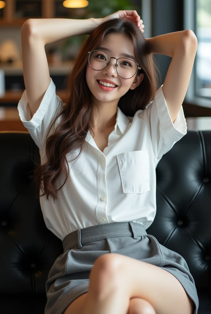 ((best quality, 8K, masterpiece: 1.3)), beautiful korean girl, pure, melon face, kind and cute, light smile, pure desire, slender body, (front), (tilted head), long brown wavy hair, windy hair, long flowing shoulders, round black big eyes, round glasses, clear big eyes, moist red lips, sweet, lie down on comfortable black sofa in cafe shop, blured background, bright lighting, open mouth, pleading eyes, ((((whole body)))), sexy slender legs, small firm breasts, lift your skirt, ((slim muscular body)), (M-legs:1.5), ((lifting you own skirt:1.5)), wearing white shortsleeve collar shirt, (open shirt:1.3), grey platted micro skirt, upskirt white panties, tilted head, (arms up, arms above head)