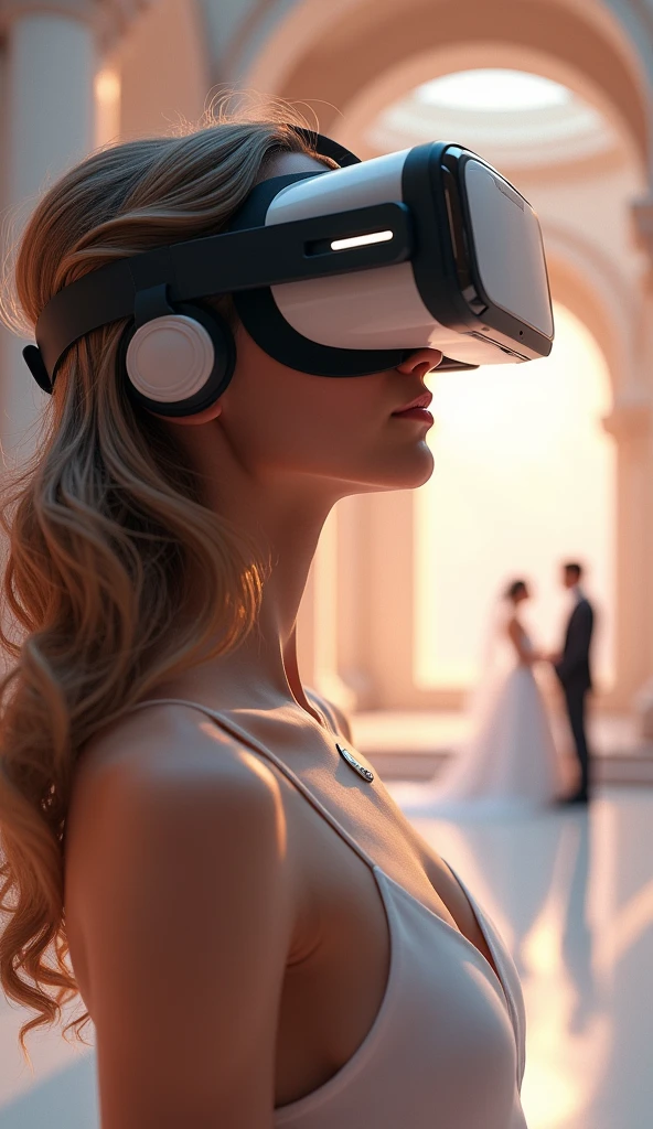 woman holding a phone with a picture of a wedding  in the background, virtual reality, detailed photo of virtual world, wearing vr goggles, virtual reality headset, vr goggles, wearing vr glasses, wearing a vr headset, digital reality, wearing a vr-headset, using a vr headset, unreal engine ; romantic theme, vr headset, virtual metaverse room, vr googles