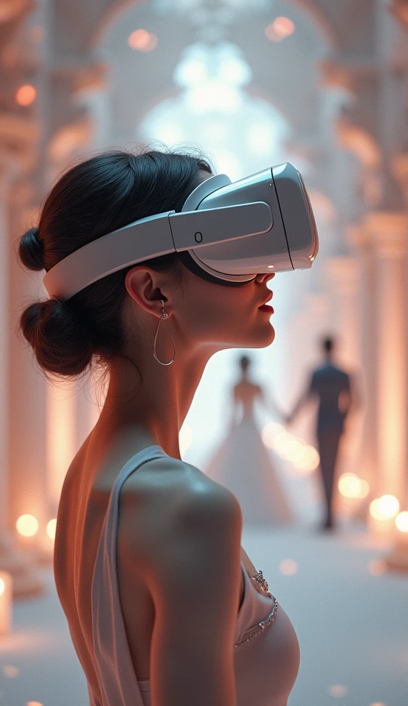 woman holding a phone with a picture of a wedding  in the background, virtual reality, detailed photo of virtual world, wearing vr goggles, virtual reality headset, vr goggles, wearing vr glasses, wearing a vr headset, digital reality, wearing a vr-headset, using a vr headset, unreal engine ; romantic theme, vr headset, virtual metaverse room, vr googles