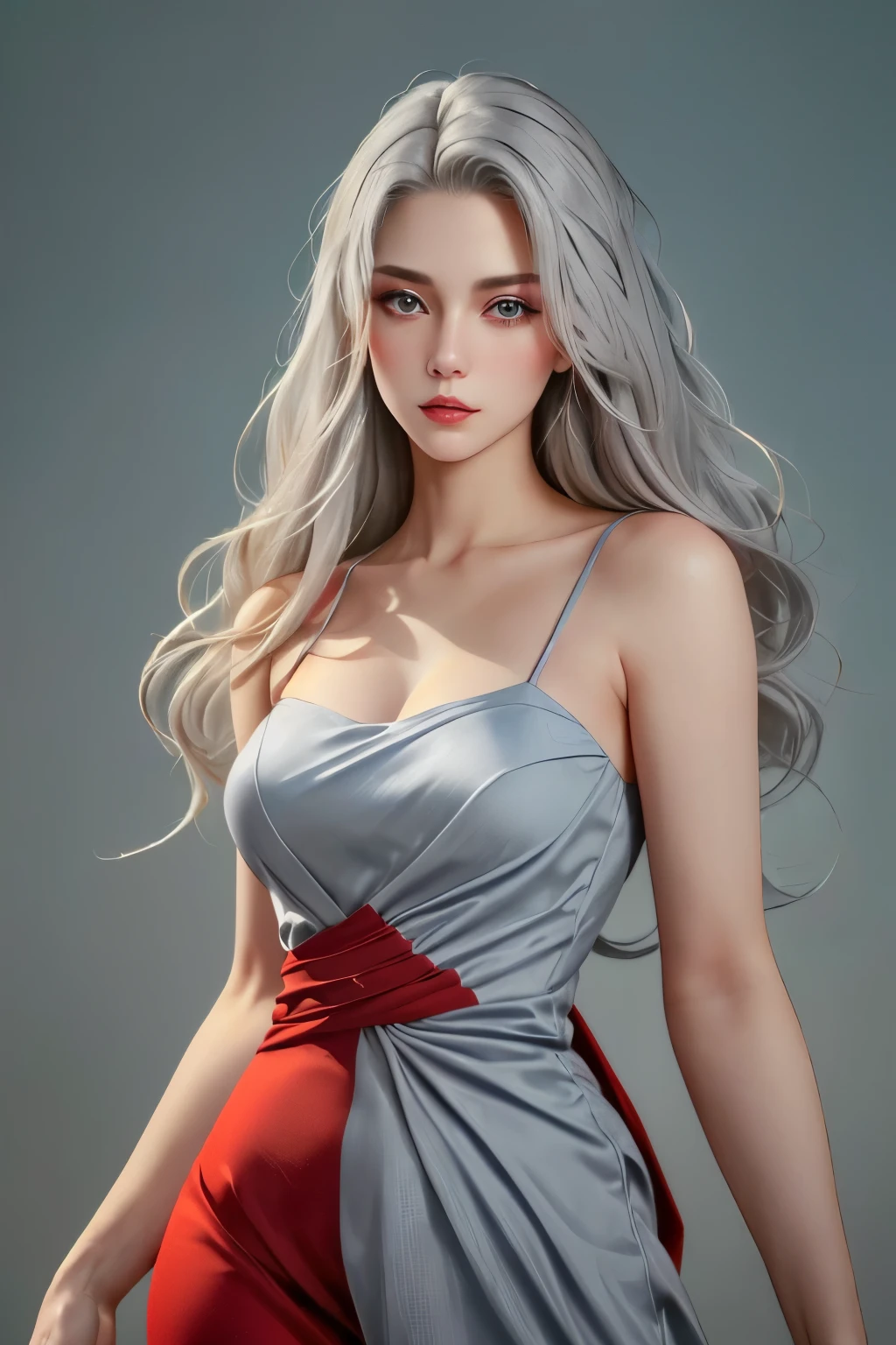 (oil, masterpiece, highest quality, Super detailed, Focus on the characters, perfect face, perfect eyes), Young woman, pale skin, ((a long gray hair)). ((a elegant red dress)).  She has a serene expression. ((Looking straight ahead)), (front view), the background is a soft light blue gradient, giving the image an ethereal and calm feel, ((red dress)