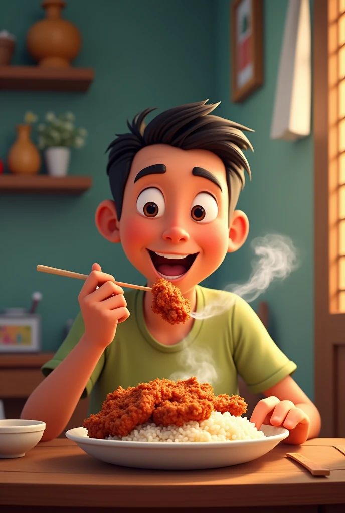 Man eating chicharon and rice in table animated