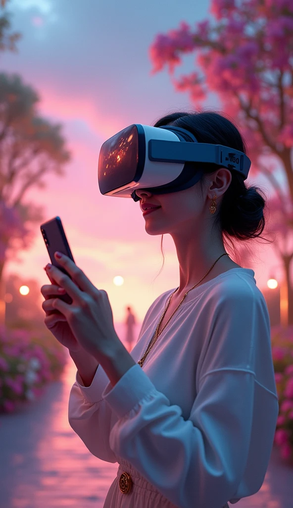 woman holding a phone with a picture of a wedding in the background, a picture by Lena Alexander, shutterstock, romanticism, virtual reality, detailed photo of virtual world, wearing vr goggles, virtual reality headset, vr goggles, wearing vr glasses, wearing a vr headset, digital reality, wearing a vr-headset, using a vr headset