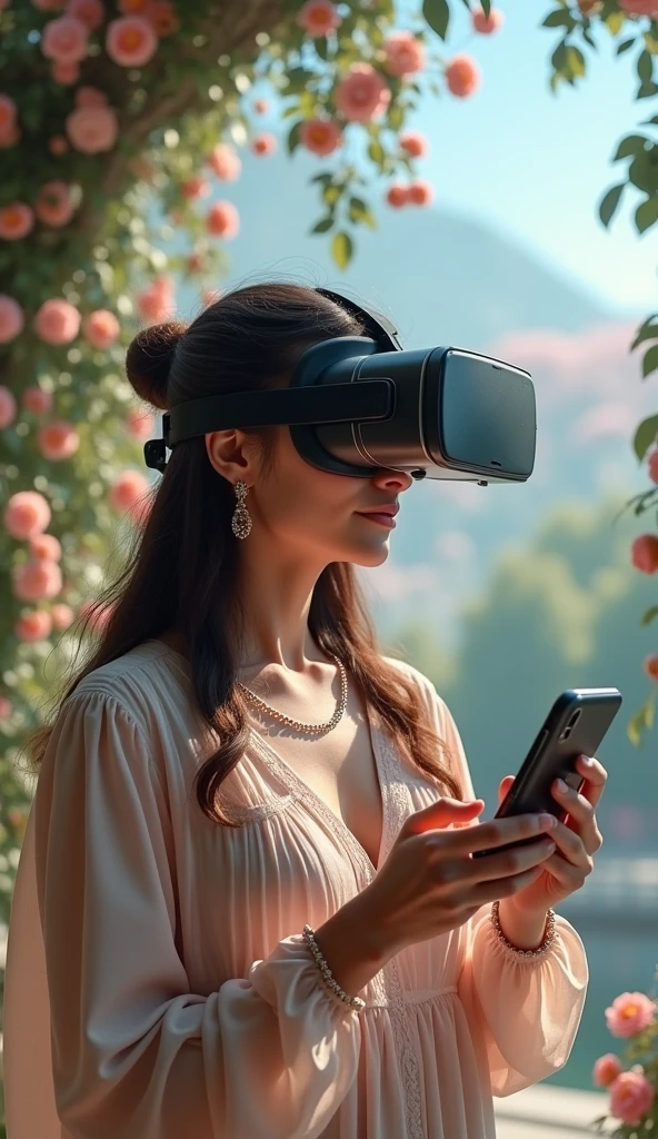 woman holding a phone with a picture of a wedding in the background, a picture by Lena Alexander, shutterstock, romanticism, virtual reality, detailed photo of virtual world, wearing vr goggles, virtual reality headset, vr goggles, wearing vr glasses, wearing a vr headset, digital reality, wearing a vr-headset, using a vr headset