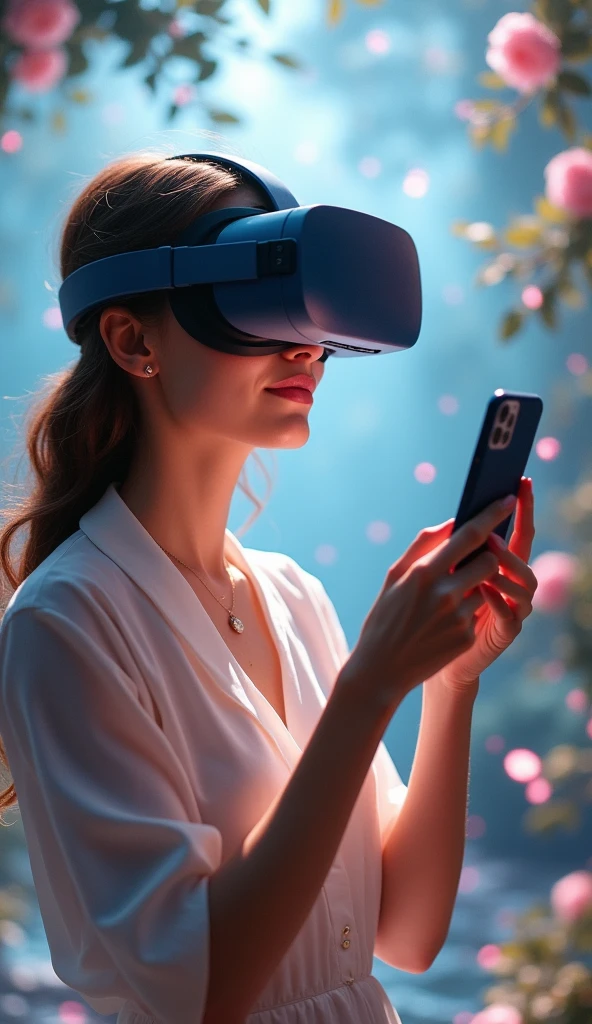 woman holding a phone with a picture of a wedding in the background, a picture by Lena Alexander, shutterstock, romanticism, virtual reality, detailed photo of virtual world, wearing vr goggles, virtual reality headset, vr goggles, wearing vr glasses, wearing a vr headset, digital reality, wearing a vr-headset, using a vr headset