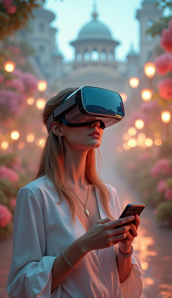 woman holding a phone with a picture of a wedding  in the background, a picture by Lena Alexander, shutterstock, romanticism, virtual reality, detailed photo of virtual world, wearing vr goggles, virtual reality headset, vr goggles, wearing vr glasses, wearing a vr headset, digital reality, wearing a vr-headset, using a vr headset