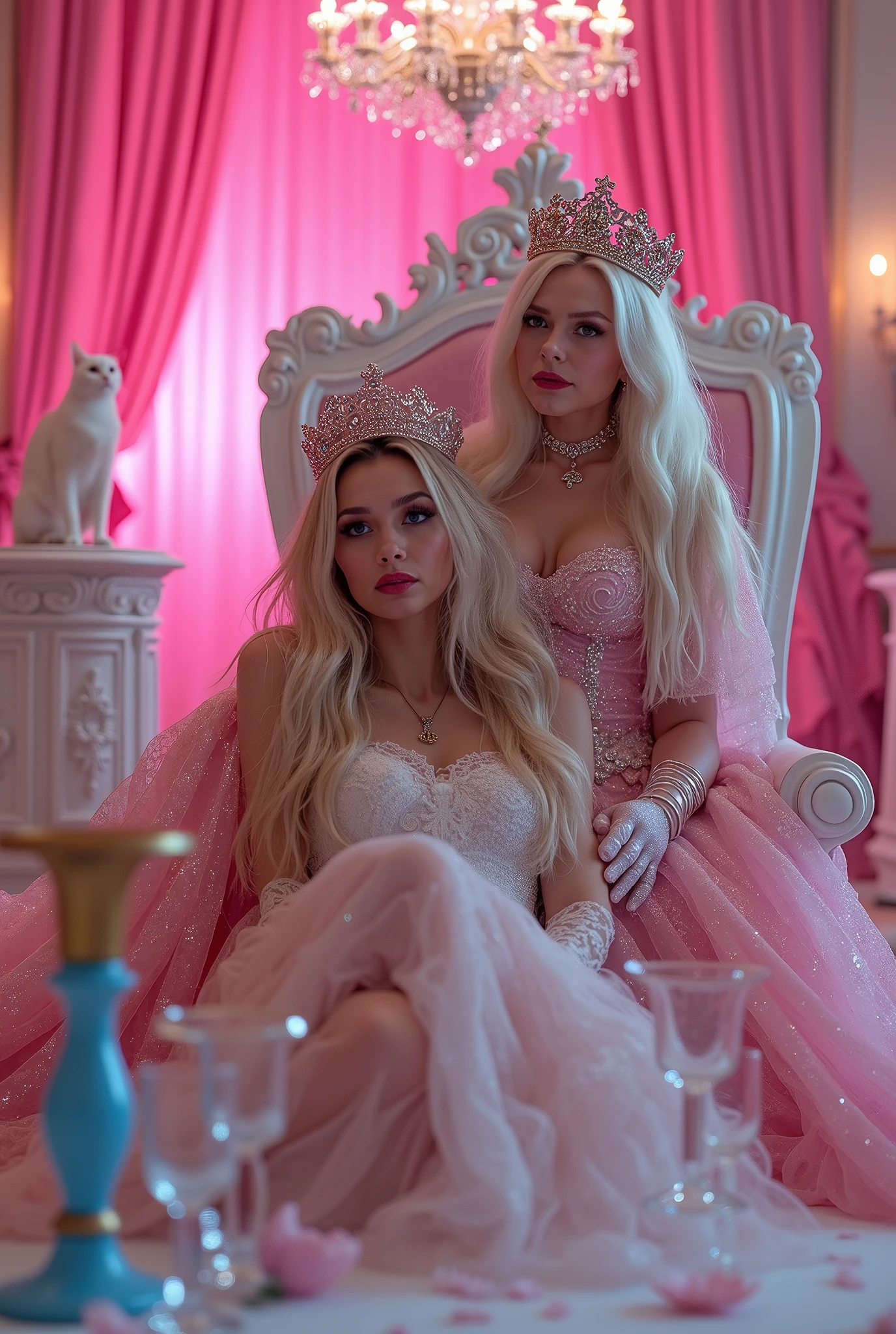 "A full-body shot of a post-party scene in a palace bathed in neon pink lighting. A drunken queens with a careless expression, wearing a layered pink and white dress (predominantly pink), leans standing nonchalantly against an all-pink throne. Her rose-gold crown, adorned with pink crystals, is tilted slightly to the left on her head 1:1. A white cat lounges on an extra-small pink sofa 1:1, while a pink bird perches atop the throne. The scene includes a messy gothic princess striking a pose, her long light blonde hair flowing over her shoulders, with a smudged red lipstick on her cheek and black mascara tears streaming down her face. She is dressed in a white lace silk gothic dress with many layers, embodying a beautiful yet disheveled ice queen.
The environment exudes a chaotic medieval fantasy vibe, with a white intricate throne and a pink crystal chandelier hanging from the ceiling. Blue crystal and gold gothic medieval five armed candlesticks sit on a white table, surrounded by crystal wine glasses—one tipped over and another half-full of wine. The entire setup is chaotic yet regal, capturing the essence of a wild and messy night in a fantastical gothic setting, illuminated by dynamic pink lighting and framed with the grandeur of medieval gothic style."