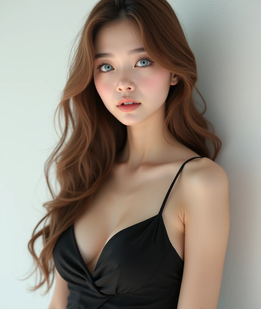 1 Girl,full body shot (1.3),close shot (1.3), face close-up, corridor,Soft Light,Korean Beauty,Tight Fit,dress,Light-haired,long hair,
 white background, gorgeous korean-Russian girl, doll face, with thick and long wavy glossy brown with golden undertones hair, big and large dolly blue bright eyes, long and thick curly dark brown eyelashes, button upturned nose, high nose bridge, fullest and plumpest with a pout at the top rosy luscious lips, oval and heart shaped face mix, shorter face, shorter chin, v-shaped jawline, pointy chin, tiny face size, pale milky white traslucent perfect skin, whitening skin, hourglass shaped body, tiny and narrow waist, 21 inches waist, rounded hips, long and slender beautiful legs, big perfect brests (1.4), large breasts, full body image, realistic, photorealistic, ultradetailed, skin texture, hyperealismHigh Resolution, Closed Mouth, highly detailed, high resolution 8K, wearing a tight fit black dress highliting her horglass body