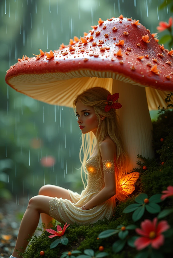 A gorgeous little fairy with iridescent wings, no larger than a hummingbird, nestled under the sheltering cap of a giant crimson mushroom. Her delicate frame is adorned with dew-kissed leaves and petals, blending seamlessly with the vibrant colors of her surroundings. The mushroom's gills, a soft, velvety white, contrast with the rich, earthy tones of the forest floor. A gentle rain is falling, creating a soft symphony of droplets as they patter against the leaves and mushroom cap above her. Each raindrop is a tiny jewel, reflecting the emerald light that filters through the canopy of the enchanted woods. The fairy's skin glows with an ethereal luminescence, casting a warm, inviting light that illuminates her cozy haven. She appears lost in thought, her intricate, gold-flecked eyes gazing into the distance with a hint of curiosity and wonder. Her hair, a cascade of silken strands, flows down her back, catching the light and shimmering like spun moonbeams. The scene is suffused with a sense of tranquility and magic, the perfect tableau of a secret garden's hidden inhabitant enjoying a quiet moment amidst the symphony of the rain.