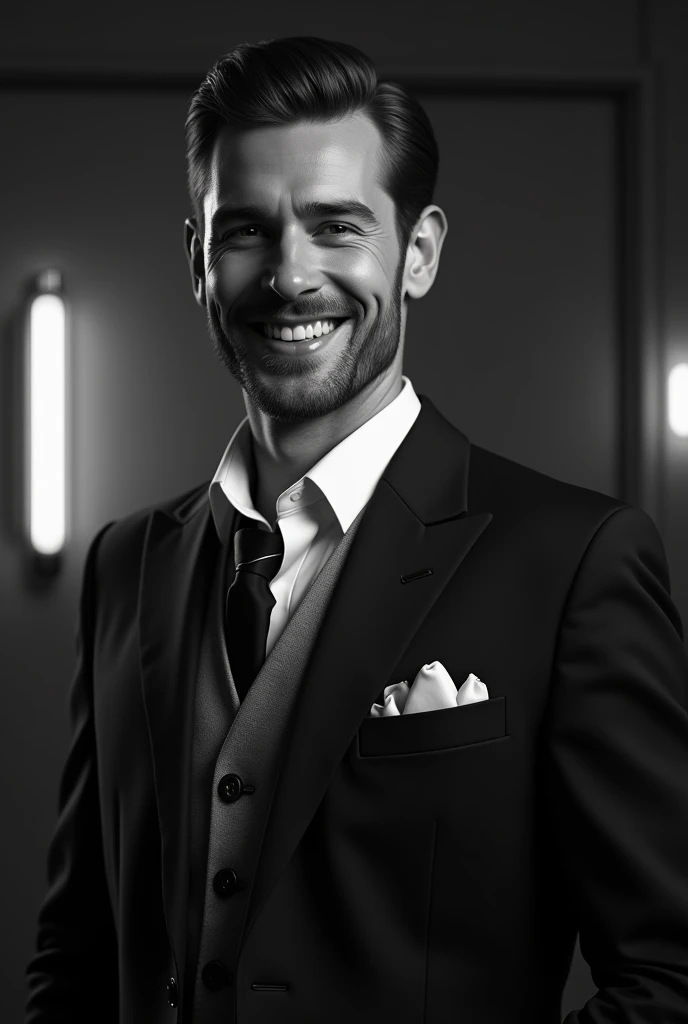 1man, handsome man, man looking forward, man smiling, [1920s era clothing], black and white photography, high quality, high resolution, detailed, photorealistic, elegant, charming, sophisticated, dramatic lighting, in house