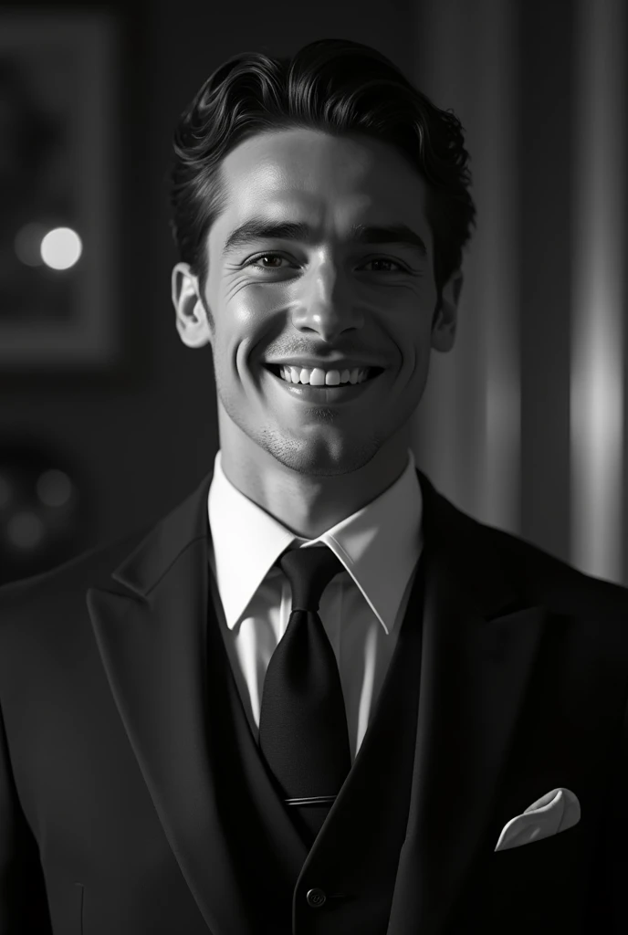 1man, handsome man, man looking forward, man smiling, [1920s era clothing], black and white photography, high quality, high resolution, detailed, photorealistic, elegant, charming, sophisticated, dramatic lighting, in house