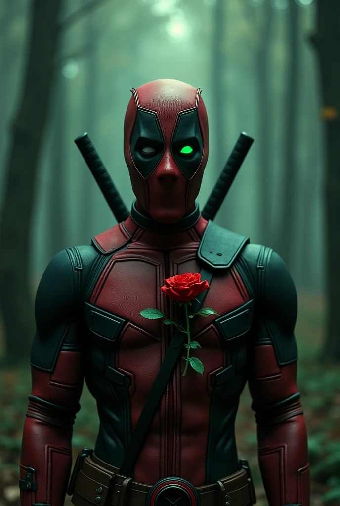 (photorealism:1.2), A dark, cinematic portrait of a merged Deadpool and Vampira, standing in a shadowy forest. The character is wearing a tattered costume that is a blend of red, black, and green. They have one eye glowing green, and the other is covered by a eyepatch. A single rose is blooming from their chest, symbolizing the duality of their nature. 8k resolution, dramatic lighting