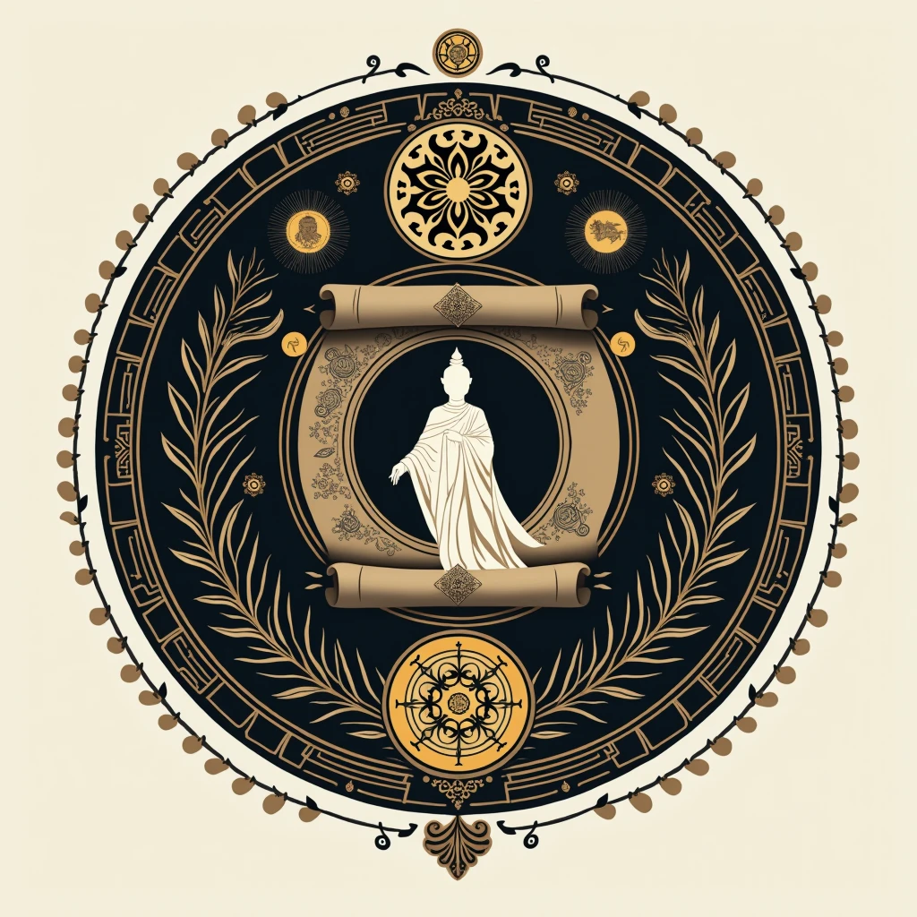 A logo design for 'Longde Story' featuring a blend of elements representing general stories, ghost stories, Dhamma tales, and historical stories. The logo should be balanced and visually appealing, using a mix of dark and soft colors like black, gold, and white. Incorporate subtle images of a ghostly figure, a historical scroll, and a Buddhist symbol, all unified within a single circular design.